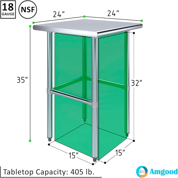 AmGood Stainless Steel Work Table Open Base | NSF Kitchen Island Food Prep | Laundry Garage Utility Bench (24" Long X 24" Deep)