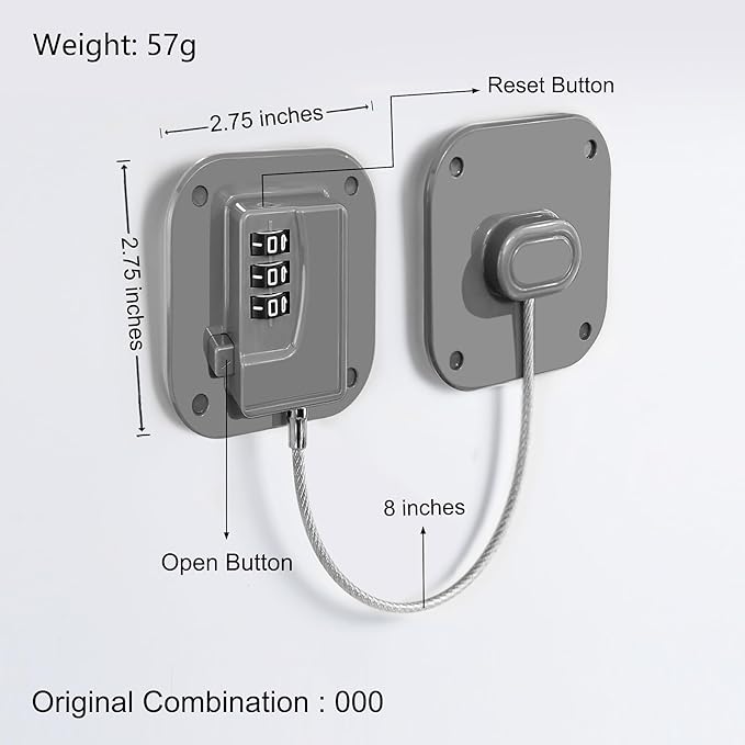 Refrigerator Lock, Heavy Duty Fridge Lock, Combination Lock for Refrigerator Cabinets, Drawers, Safety, Easy Install No Keys Needed (Grey-2Pack)