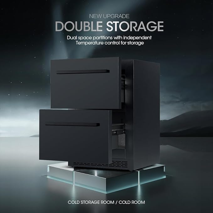 24' mini fridge Under Counter Double Drawer Beverage Refrigerator, Indoor & Outdoor Fridge for Patio, Kitchen & Bar, Weatherproof, Black