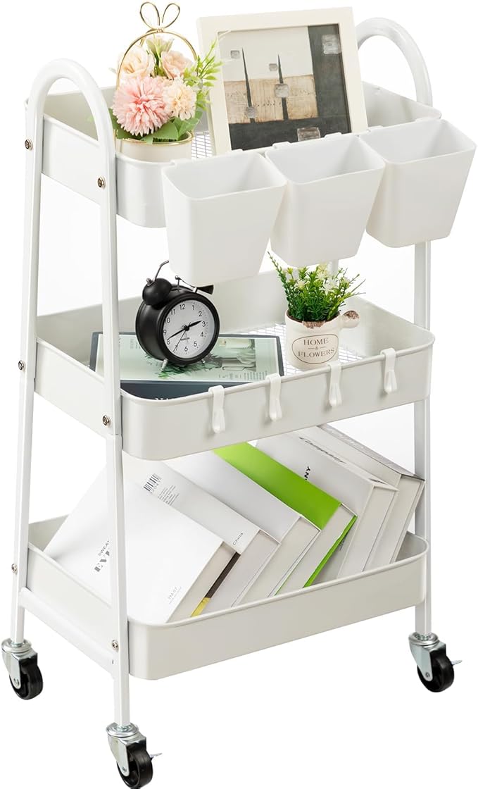 danpinera 3-Tier Rolling Cart, Utility Cart Mobile Metal Rolling Storage Cart with Lockable Wheels & Hanging Cups & Hooks for Kitchen, Bathroom, Office, Workshop, White