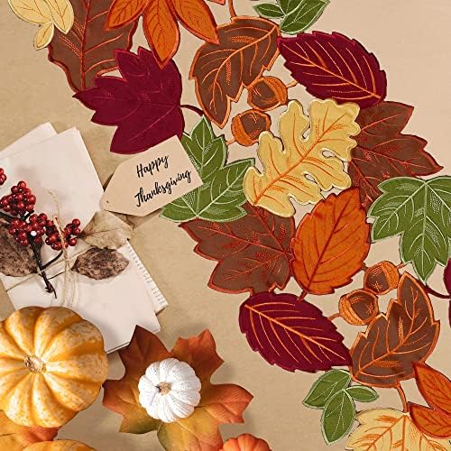 OWENIE Embroidered Fall Table Runner, Thanksgiving Runners 108 Inches Length, 13 x 108 Inch, Harvest Maple Leaf Home Decoration for Autumn, Applique Dresser Scarf