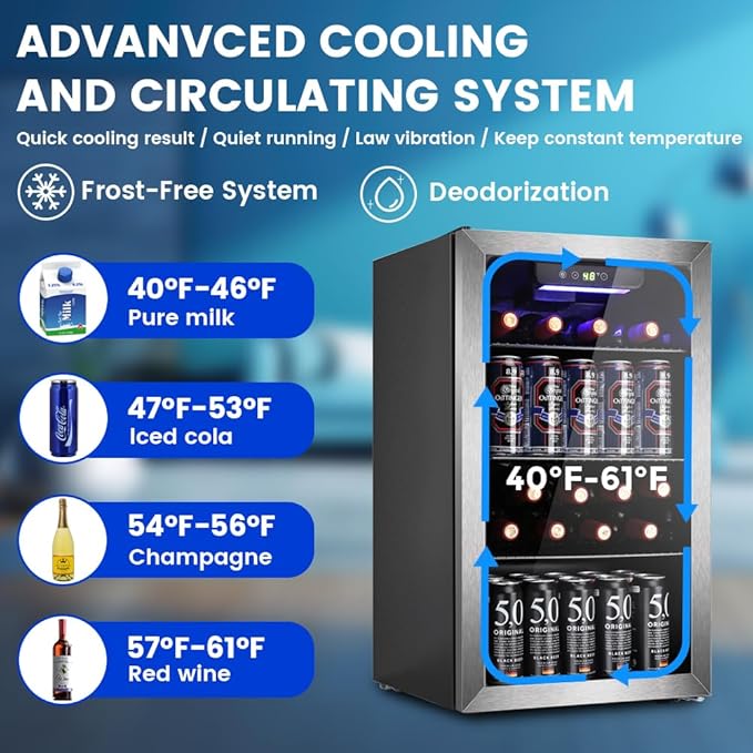 Mini Fridge 130 Can Beverage Refrigerator Cooler, 3.1 Cu.Ft Drink Fridge Silver Glass Door for Soda Wine Beer, Digital Temperature Control Cooler for Home,Bar