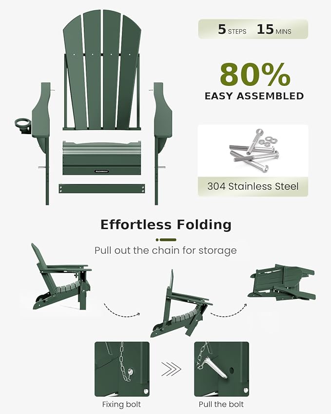 MUCHENGHY Folding Adirondack Chairs, Patio Chairs, Lawn Chairs, Outdoor Chairs, Adirondack Chair Plastic, Fire Pit Chairs, Weather Resistant with Cup Holder for Deck, Backyard, Garden(Green)