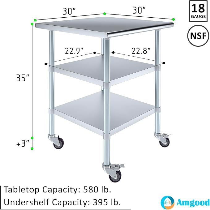 AmGood Stainless Steel Work Table with 2 Shelves and Casters | Metal Utility Table On Wheels (Stainless Steel Work Table with 2 Shelves + Casters, 30" Long x 30" Deep)