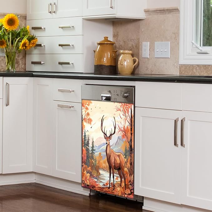 Pastel Autumn Elk Dishwasher Magnet Cover, Reusable Refrigerator Panel Stickers Microwave Front Door Covers Magnets for Kitchen Home Appliances Holiday Party Decorations 23 X 26 in