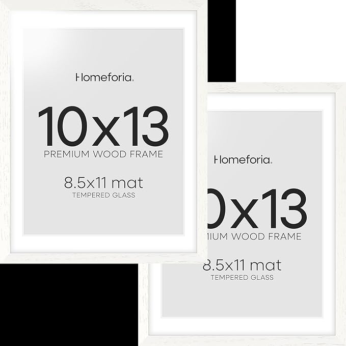 Homeforia White Frame 10x13 Wood, High End Oak 10x13 Picture Frames with Mat 8.5x11, 10 x 13 White Wooden Poster Frames Matted to 8.5 x 11 inch Photo, 13by10 Frames, Tempered Glass, Wall Kit, Set of 2
