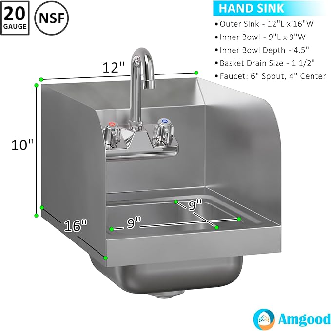 Commercial Stainless Steel Wall Mounted Hand Sink 12" x 16" with Side Splash and Gooseneck Faucet | NSF