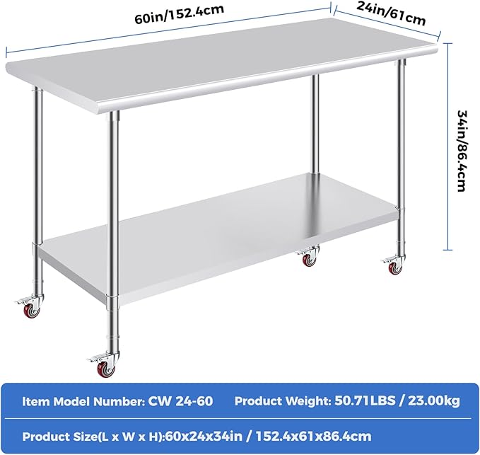 OSTBA Stainless Steel Table for Prep & Work 24x60 Inches with Casters Wheels, NSF Metal Commercial Heavy Duty Table with Adjustable Undershelf for Restaurant Kitchen Home and Hotel