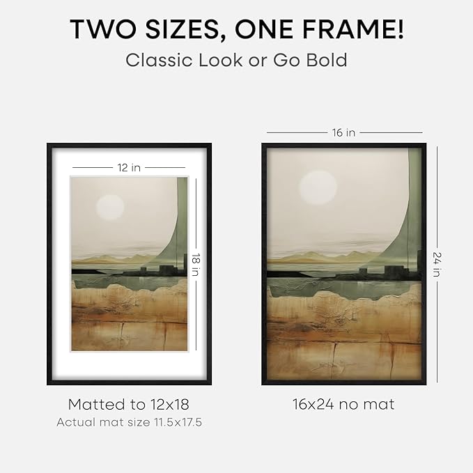 Homeforia 16x24 Black Wood Frame, High End Oak 16x24 Picture Frames with Mat 12x18 Photo, 16 x 24 Wooden Poster Frame Matted to 12 by 18 Print, 24x16 Hanging Frames, Tempered Glass, Wall Kit, Set of 2