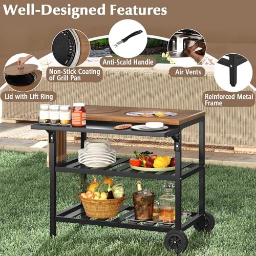 GIANTEX Outdoor Grill Cart with Korean BBQ Charcoal Grill, Dual Cooking Surfaces, Rolling Food Prep Table with Foldable Side Shelf, Storage Shelves, Wood-Look Top, for Patio, Party & Backyard Cooking