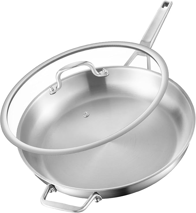 Stainless Steel Pan,14 inch Frying Pan, Heavy Duty, Large Frying Pan, Fast & Even Heating, Up to 650°, Oven & Dishwasher Safe,Compatible with All Cooktops