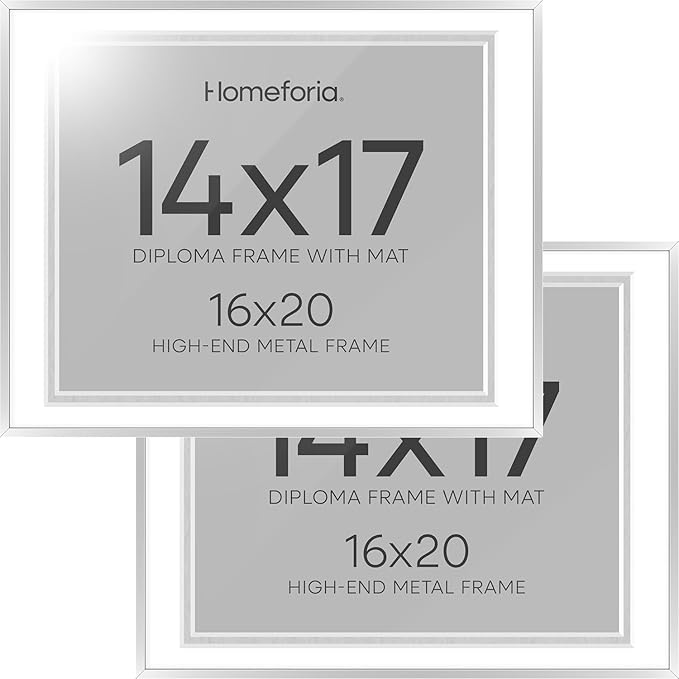 Homeforia 16x20 Diploma Frame Silver, High End Metal 16 x 20 Certificate Frames with Mat for 14 x 17, 20x16 Document Frame Matted to 14x17, Graduation Degree Frames, Tempered Glass, Wall Kit, Set of 2