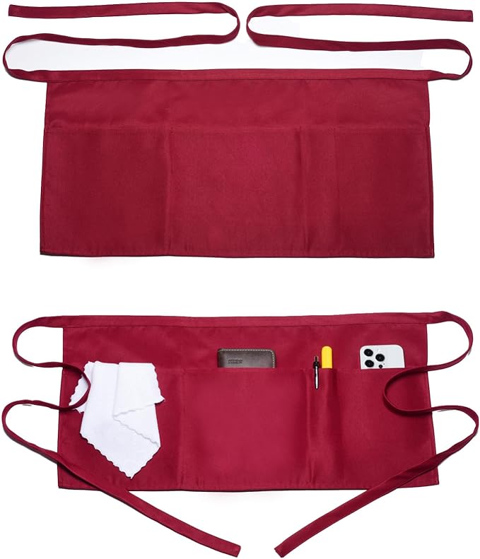 Argstar 2 Pack Server Apron with 4 Pockets, Waitress Waiter Waist Short Aprons(Available in 60/120 Pack)