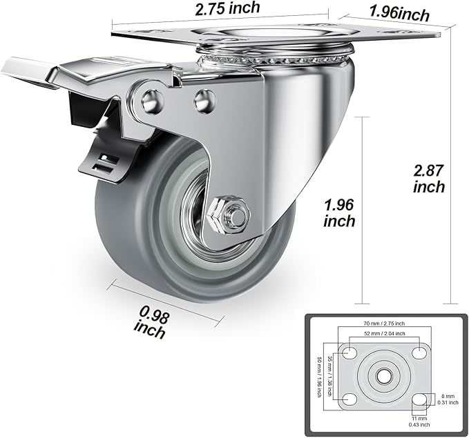 2 inch Caster Wheels, Casters Set of 16 Heavy Duty Locking Castors, Swivel Casters with Brake (Top Plate), Non Marking Grey TPR Rubber Castor Wheels for Cart Furniture Workbench