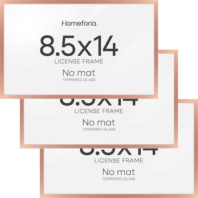 Homeforia 8.5x14 Marriage License Frame, High End Metal 8.5 x 14 Rose Gold Marriage Certificate Frames, 14x8.5 Picture Frame for Wall & Tabletop, 8.5x14 Photo Frame, Tempered Glass, Wall Kit, Set of 3