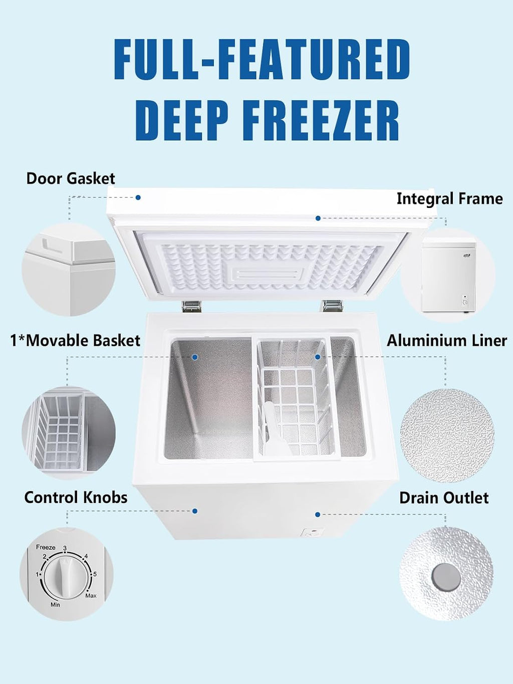 3.5 Cu.Ft Chest Freezer 7 Gears Temperature Control(-18°F to -46°F), Deep Compact Freezer with a Removable Basket, for House, Kitchen, Garage, Basement, Shop, White