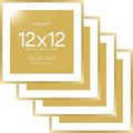 Homeforia 12x12 Picture Frame Gold, High End Metal 12 x 12 Square Poster Frame with Mat 10 x 10 Photo, 12x12 Frame Matted to 10x10 Print, 12by12 Gold Hanging Frames, Tempered Glass, Wall Kit, Set of 4