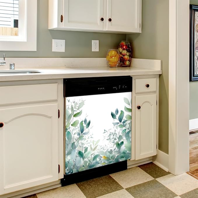 Dishwasher Magnet Cover Watercolor Eucalyptus Leaves Reusable Dishwasher Magnetic Cover Sticker Decorative Dish Washer Door Cover Panel for Home Kitcen Appliance