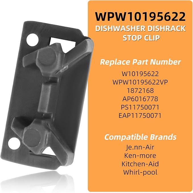 Upgraded W10195622 Dishwasher Dishrack Stop Clip Fit for Whirl-pool Kitchen-aid Ken-more Dishwasher Top Rack Parts, Replaces WPW10195622 1872168 AP6016778 PS11750071 by AMI PARTS（2PCS）