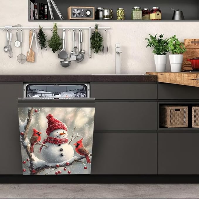 Christmas Snowman Dishwasher Magnetic Cover Front Door Stickers Cardinal Bird Dishwasher Magnet Covers Kitchen Fridge Decals Xmas Decoration Kitchen Cabinet Sticker, Magnetic 23" x 17"