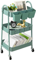 danpinera 3-Tier Rolling Cart, Utility Cart Mobile Metal Rolling Storage Cart with Lockable Wheels & Hanging Cups & Hooks for Kitchen, Bathroom, Office, Workshop, Green