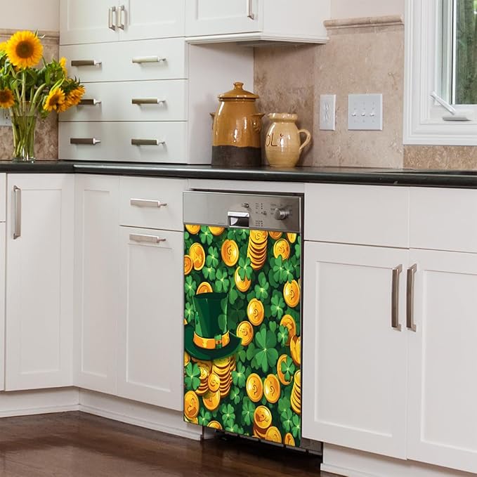 Hat Gold Coin Clover Glow Dishwasher Magnet Cover, Reusable Refrigerator Panel Stickers Microwave Front Door Covers Magnets for Kitchen Home Appliances Holiday Party Decorations 23 X 26 in