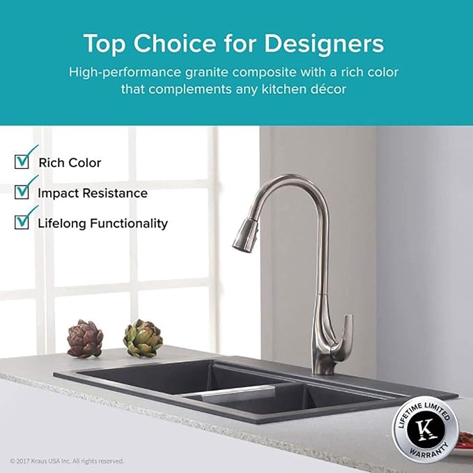 KRAUS Quarza 33-inch Drop-In/Undermount 50/50 Double Bowl Granite Kitchen Sink in Black Onyx, KGD-433B