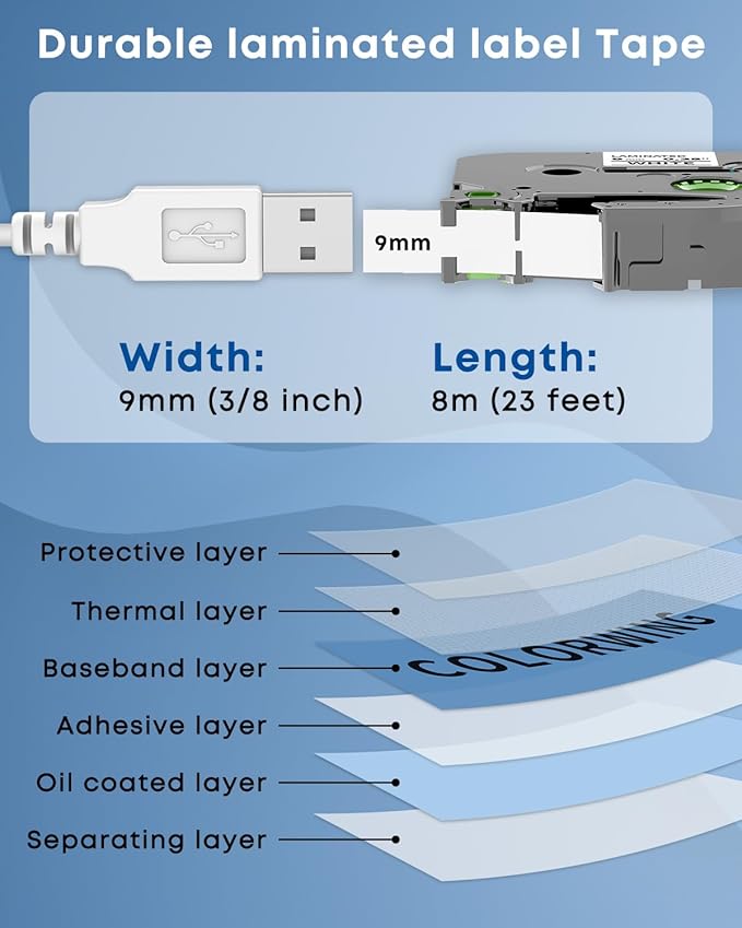 COLORWING TZe-221 TZ Tape 9mm 0.35" Laminated White Replace for Brother P-Touch Label Tape TZe221 3/8 Inch Refills for Brother Ptouch PT-D210 D220 H110 D410 D600 P700 Label Maker, 5-Pack