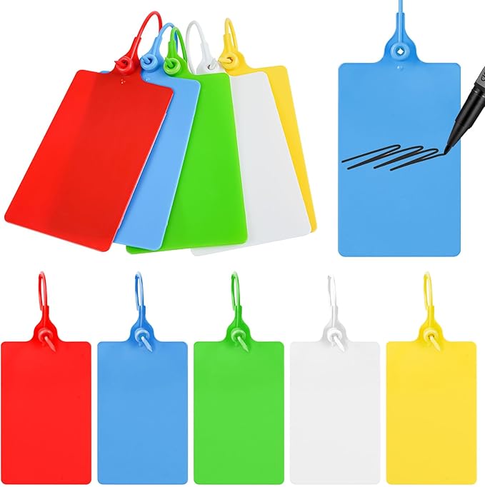100 Plastic Labels Waterproof Shipping Tags for Labeling with Markers; 5 Colors