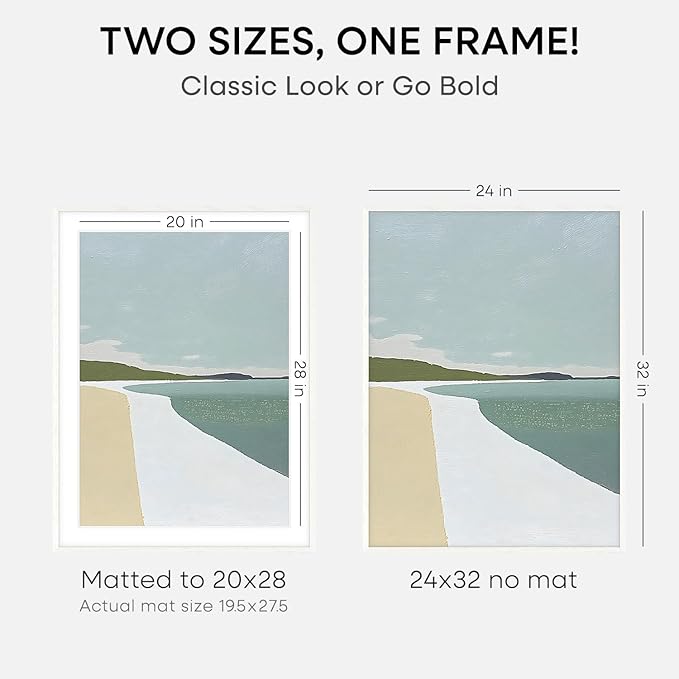 Homeforia 24x32 Frame White Wood, High End Oak 24 x 32 Poster Frame with Mat 20 by 28 for Photo, 24x32 Large Wooden Picture Frame Matted to 20x28, 32x24 Thin Frames, Tempered Glass, Wall Kit, Set of 2