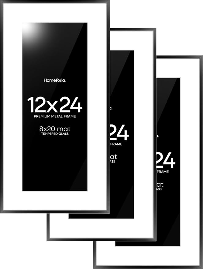 Homeforia 12x24 Picture Frame Black, High End Metal 12x24 Poster Frames with Mat 8x20 for Photo, 12 x 24 Black Frame Matted to 8 by 20 Print, 24x12 Panoramic Frames, Tempered Glass, Wall Kit, Set of 3
