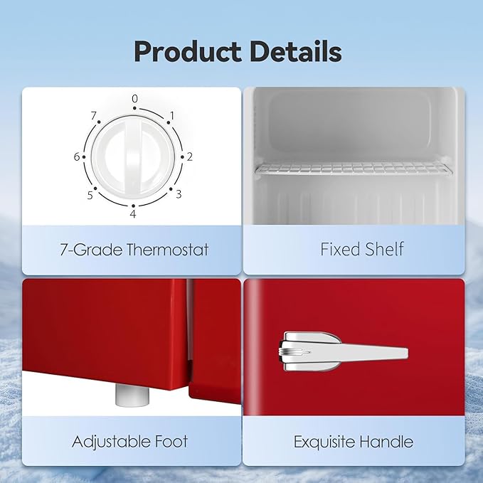 Mini Freezer, 1.2Cu.ft Small Upright Freezer with Handle and Shelves, 7 Adjustable Thermostat, Low Noise for Bedroom/Apartment/Home/Office, Red