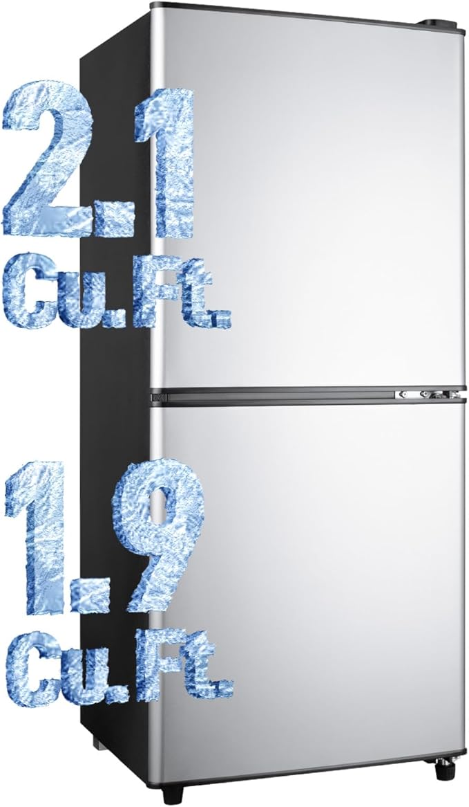 4.0 Cu.Ft Fridge with Bottom Freezer, Double Door Refrigerator with Drawer, 7 Level Temperatures, Adjustable Shelves for Bedroom, Dorm, Office, Apartment, Silver