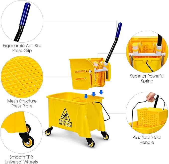 Mop Bucket, Commercial Bucket for Mopping on Wheels with Potable Handle, Mop Bucket with Wringer for Home, Household, Office, Bathroom, Yellow (21 Quarts)