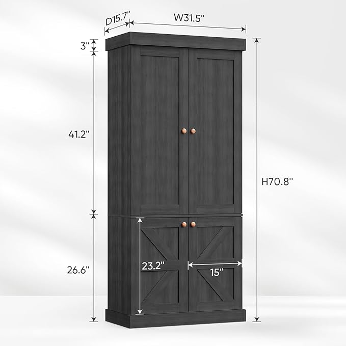 70.8" Tall Bookshelf with Doors, Farmhouse Modular Bookcase with 4-Tier Adjustable Shelves, Large Storage Cabinet for Home Office, Living Room, Black, Set of 2