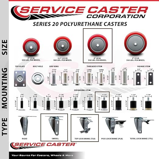 Service Caster Brand Replacement Set for Uline Casters - Swivel 1-1/2 Inch Expanding Stem Casters with 4 Inch Red Polyurethane Wheel-Includes 4 Swivel Casters and Brakes - Fits Uline Worktable H-5746