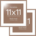 Homeforia 11x11 Picture Frame Mocha, High End Metal 11 by 11 Square Frames with Mat 9 x 9 Opening, 11by11 Poster Frames Matted to 9x9 inch Photo, Wall Hanging Frame, Tempered Glass, Wall Kit, Set of 2