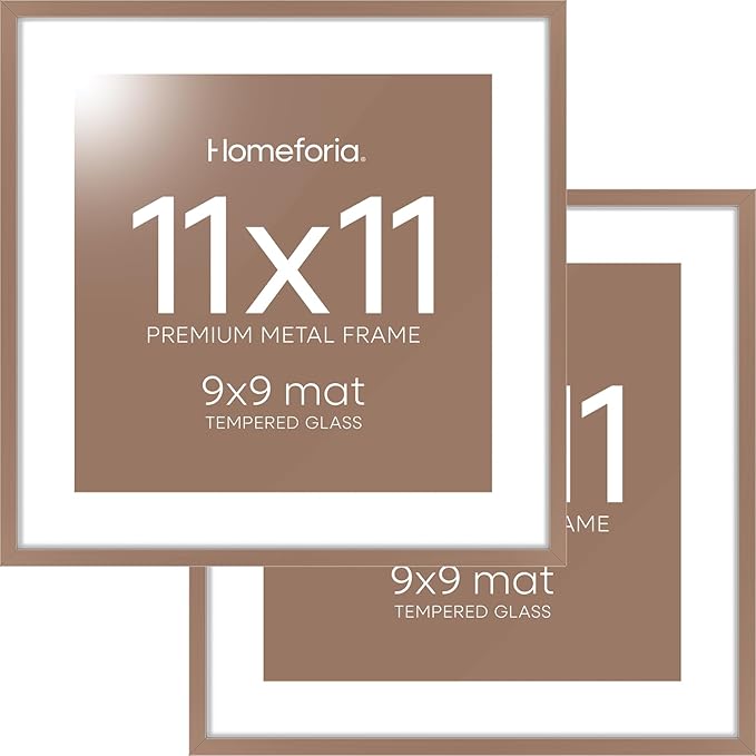 Homeforia 11x11 Picture Frame Mocha, High End Metal 11 by 11 Square Frames with Mat 9 x 9 Opening, 11by11 Poster Frames Matted to 9x9 inch Photo, Wall Hanging Frame, Tempered Glass, Wall Kit, Set of 2