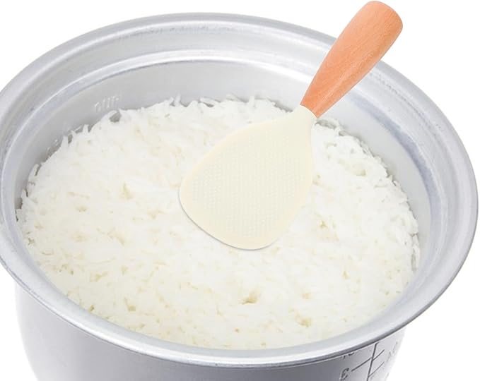 Heat Resistant Silicone Rice Paddle with Wooden Handle Non-Stick Self-Standing Rice Scoop for Cooker Ergonomic Anti-Slip Grip Kitchen Serving Spoon