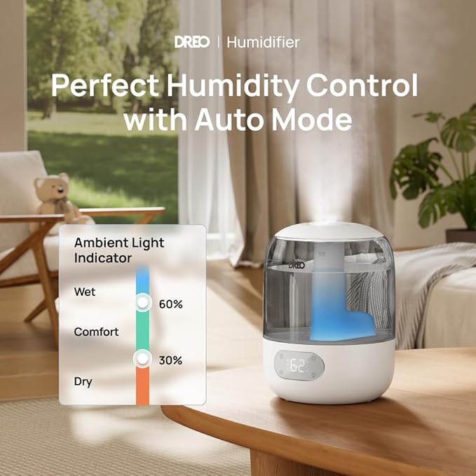 DREO Humidifiers for Bedroom, Cool Mist Ultrasonic Humidifiers with 30Hr Runtime, Top Fill 3L Tank, Easy Clean, Humidity Sensor, Night Light for Baby, Nursery, 360° Nozzle for Plants and Home, Grey