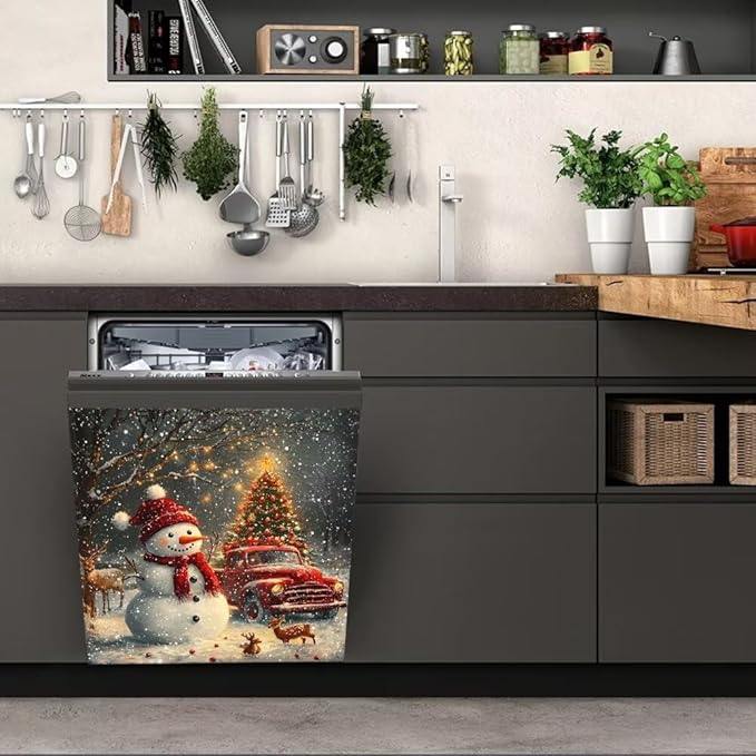 Christmas Snowman Dishwasher Magnet Cover, Winter Deer Dishwasher Cover Panel Decal for Front, Red Truck Magnetic Refrigerator Magnets Holiday Decor Kitchen Appliance Sticker, 26"x17"