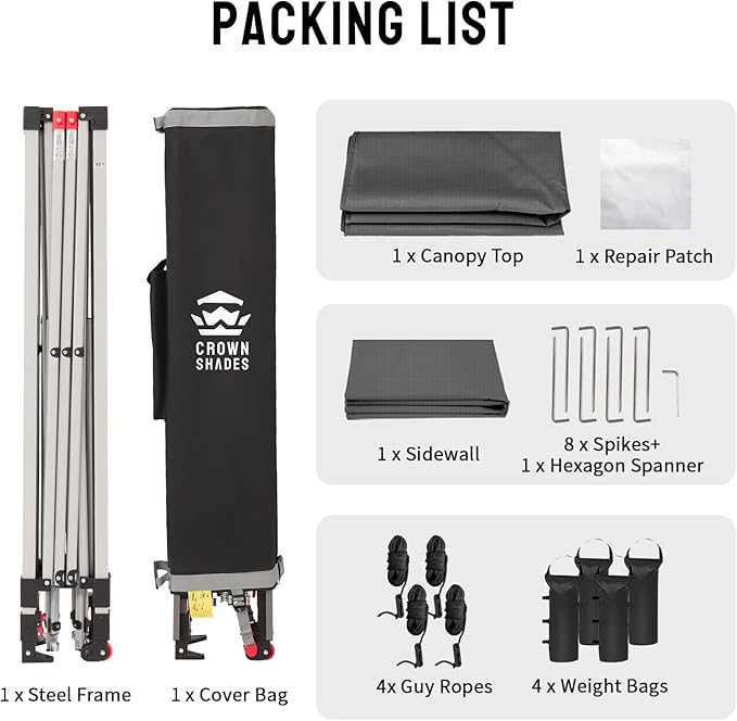 CROWN SHADES 12x12 Pop Up Canopy Tent Instant Commercial with 150D Silver Coated Fabric Including 1 Removable Sidewall, 4 Ropes, 8 Stakes, Weight Bags, STO 'N Go Bag, Grid Grey