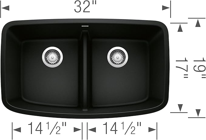 BLANCO Valea Silgranit 50/50 Double Bowl Undermount Low Divide Kitchen Sink, Coal Black