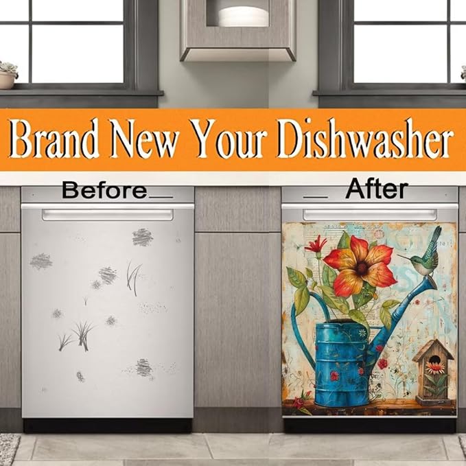 Farm Floral Watering Can Dishwasher Magnet Cover,23" x 26" Dishwasher Cover,Retro Countryside Bird House Magnetic Decal Vinyl Sticker Kitchen Decor Refrigerator Magnets Self Adhesive Wrap