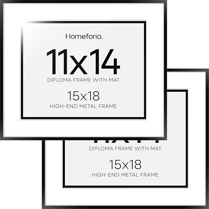 Homeforia 15x18 Diploma Frame Black, High End Metal 15 x 18 Black Certificate Frame with Mat 11 x 14, 18x15 Document Frame Matted to 11x14, Graduation Degree Frames, Tempered Glass, Wall Kit, Set of 2