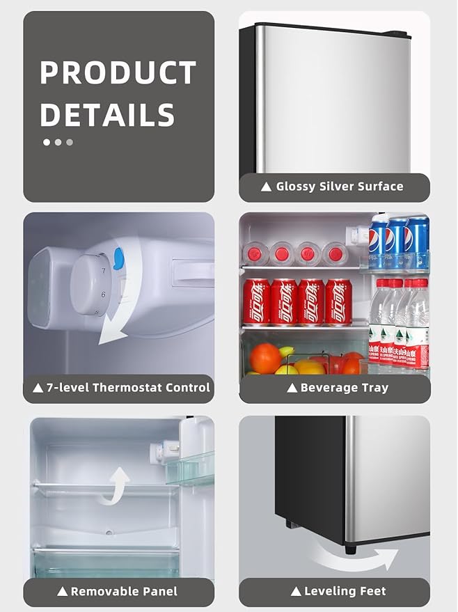 4.0 Cu.Ft Refrigerator with Freezer, 2 Doors Fridge with Adjustable Thermostat Control, Refrigerator for Kitchen, Dorm, Apartment, Garage, Office, Silver