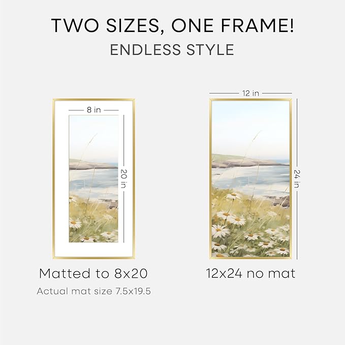 Homeforia 12x24 Picture Frame Gold, High End Metal 12x24 Poster Frames with Mat 8x20 inch Photo, 12 x 24 Gold Frames Matted to 8 by 20 Print, 24x12 Panoramic Frames, Tempered Glass, Wall Kit, Set of 3