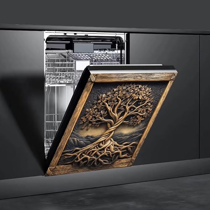 Vintage Wooden Tree of Life Magnetic Dishwasher Cover Vinyl Sticker, Farm Tree Dishwasher Magnet Cover,Rustic Fridge Barn Wood Door Cover Magnets Art Skin Panel Decal for Home Decor, 23"X26"