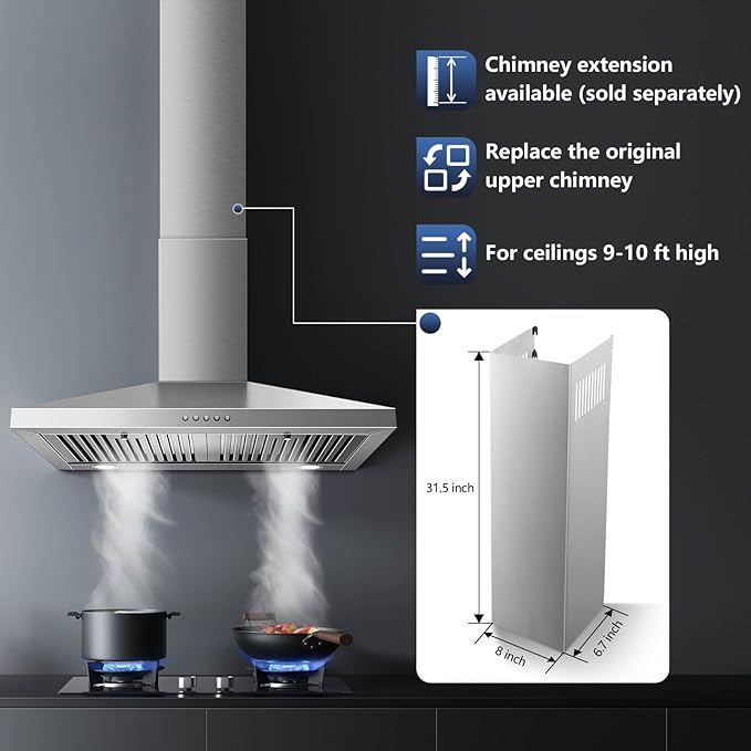 SNDOAS Range Hood 30 inch,Stainless Steel Wall Mount Range Hood 30 inch,Chimney-Style Stove Vent with Ducted/Ductless Convertible,Kitchen Hood with LED Light,Button Control,3-Speed Vent Hood