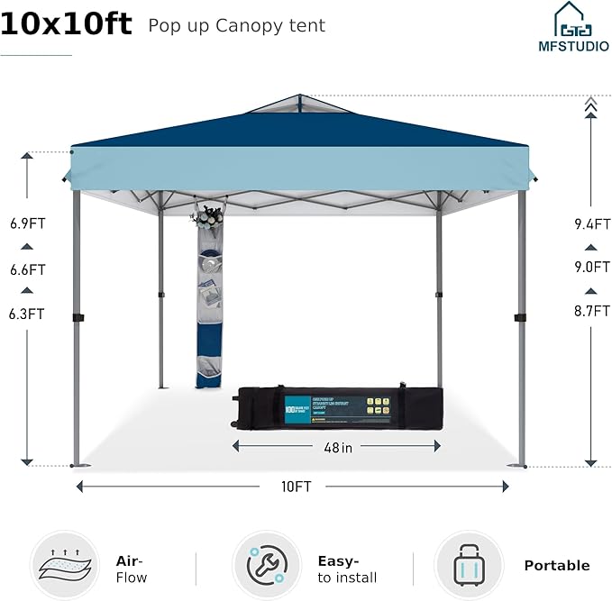 MFSTUDIO 10x10 Pop up Canopy Tent, Gazebo Shelter Sun Shade Canopies One Push Setup Portable Popup Easy Set up Tents with Vented Top,Storage,4 Sandbags,for Beach,Parties,Camping